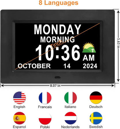 Digital Calendar Dementia Alarm Clock with Day and Date for Elderly - 15 Alarms 5 Colors Display Large Display Alzheimers Clock Large Digital Clock for Seniors (7in Black)