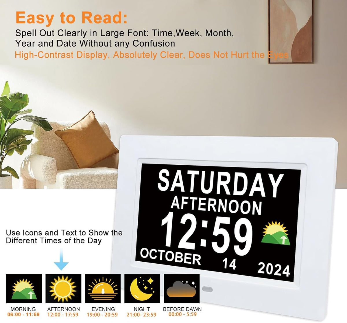 Digital Calendar Dementia Alarm Clock with Day and Date for Elderly - 15 Alarms 5 Colors Display Large Display Alzheimers Clock Large Digital Clock for Seniors (7in Black)