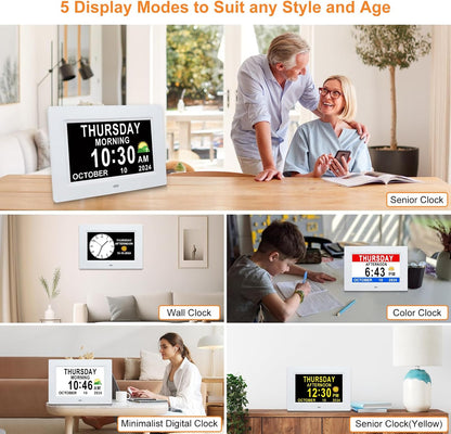 Digital Calendar Dementia Alarm Clock with Day and Date for Elderly - 15 Alarms 5 Colors Display Large Display Alzheimers Clock Large Digital Clock for Seniors (7in Black)