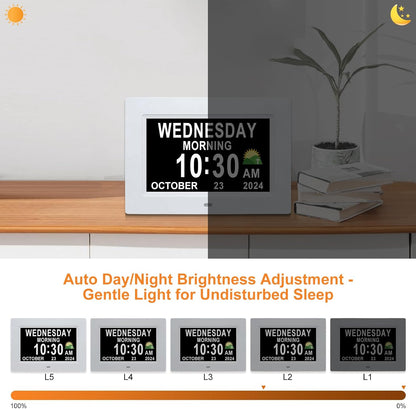 Digital Calendar Dementia Alarm Clock with Day and Date for Elderly - 15 Alarms 5 Colors Display Large Display Alzheimers Clock Large Digital Clock for Seniors (7in Black)