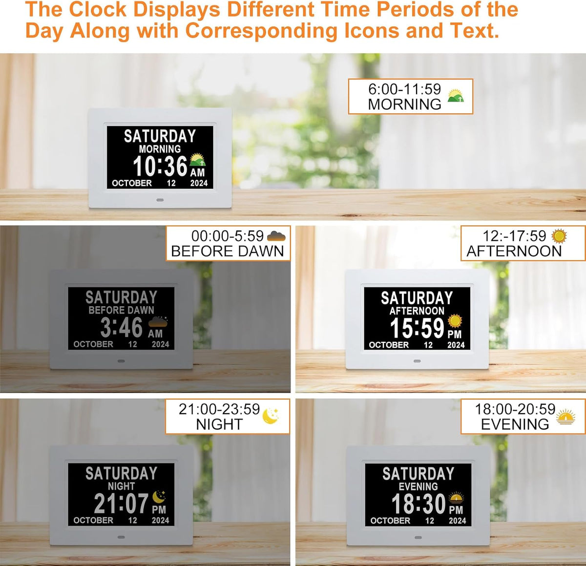 Digital Calendar Dementia Alarm Clock with Day and Date for Elderly - 15 Alarms 5 Colors Display Large Display Alzheimers Clock Large Digital Clock for Seniors (7in Black)