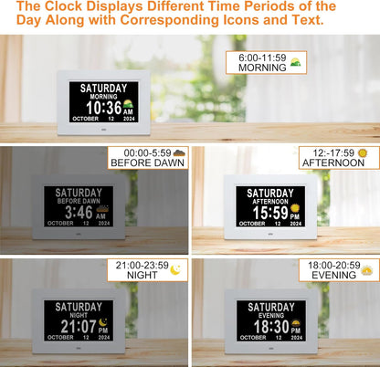 Digital Calendar Dementia Alarm Clock with Day and Date for Elderly - 15 Alarms 5 Colors Display Large Display Alzheimers Clock Large Digital Clock for Seniors (7in Black)