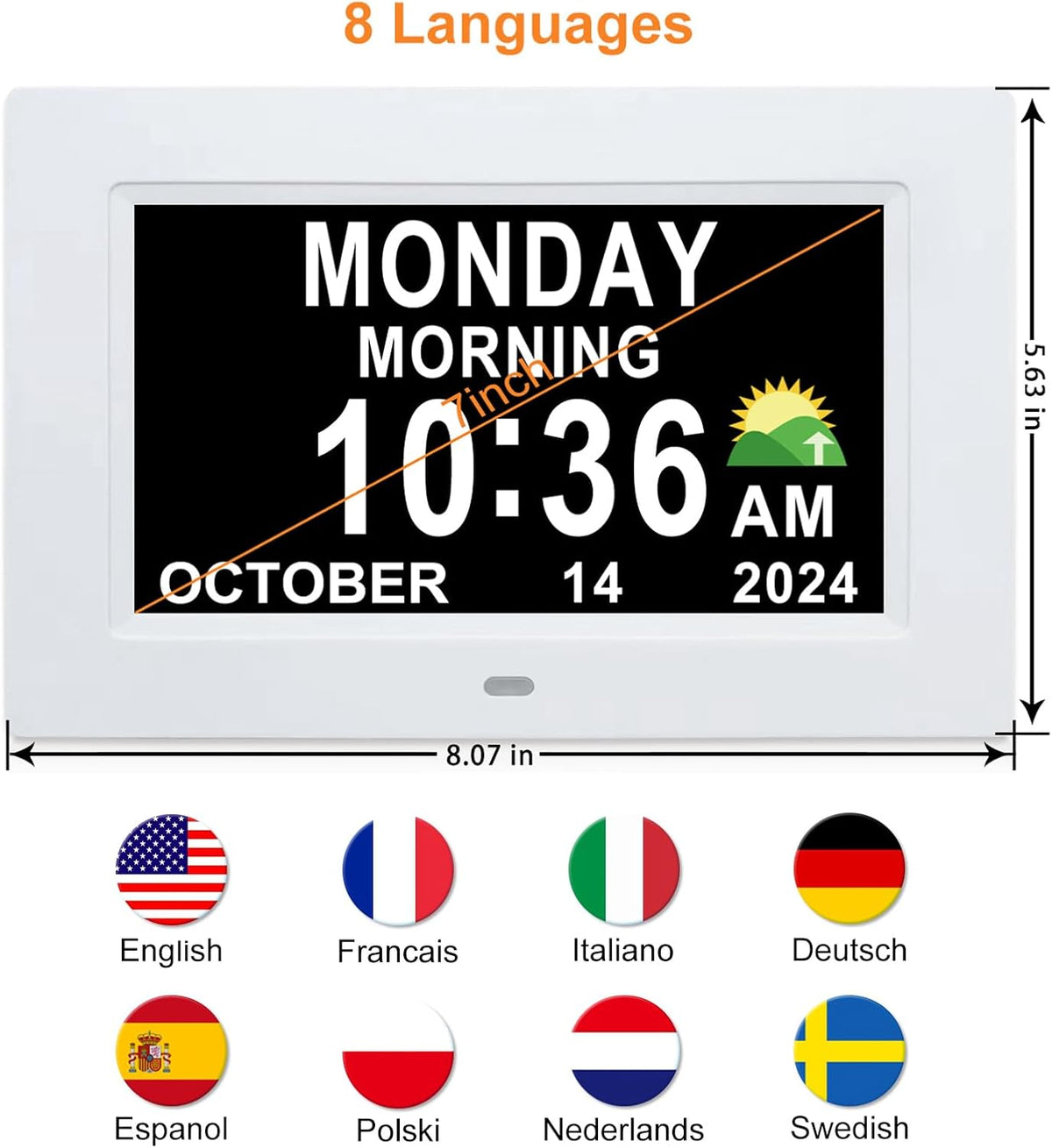 Digital Calendar Dementia Alarm Clock with Day and Date for Elderly - 15 Alarms 5 Colors Display Large Display Alzheimers Clock Large Digital Clock for Seniors (7in Black)
