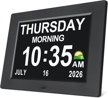 Digital Calendar Dementia Alarm Clock with Day and Date for Elderly - 15 Alarms 5 Colors Display Large Display Alzheimers Clock Large Digital Clock for Seniors (7in Black)
