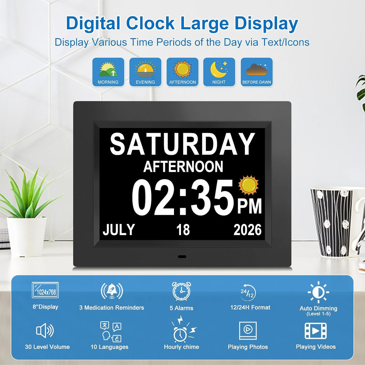 Digital Calendar Dementia Alarm Clock with Day and Date for Elderly - 15 Alarms 5 Colors Display Large Display Alzheimers Clock Large Digital Clock for Seniors (7in Black)