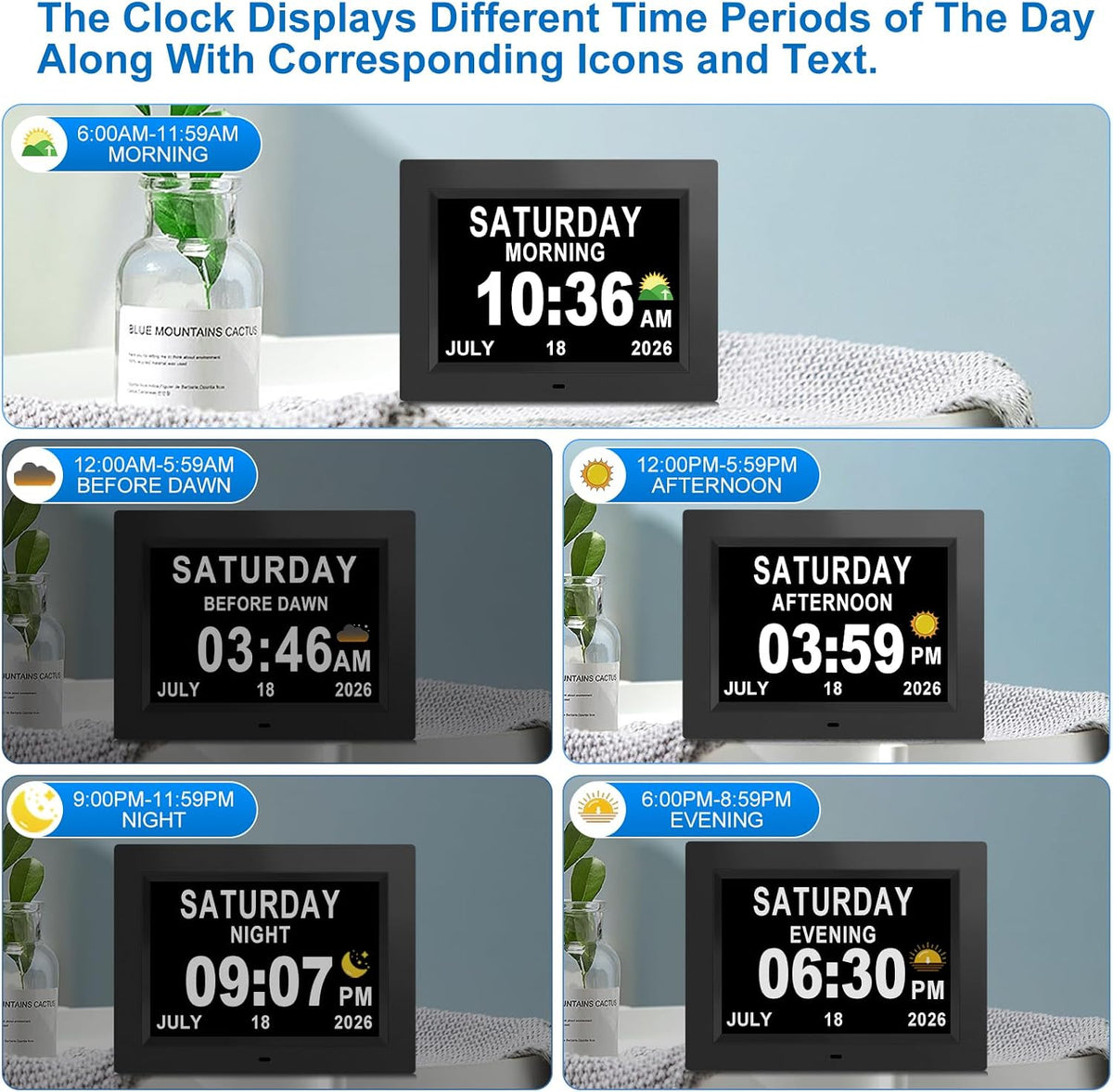 Digital Calendar Dementia Alarm Clock with Day and Date for Elderly - 15 Alarms 5 Colors Display Large Display Alzheimers Clock Large Digital Clock for Seniors (7in Black)