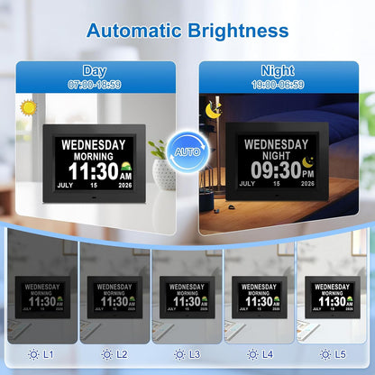 Digital Calendar Dementia Alarm Clock with Day and Date for Elderly - 15 Alarms 5 Colors Display Large Display Alzheimers Clock Large Digital Clock for Seniors (7in Black)