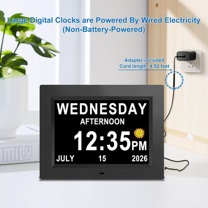 Digital Calendar Dementia Alarm Clock with Day and Date for Elderly - 15 Alarms 5 Colors Display Large Display Alzheimers Clock Large Digital Clock for Seniors (7in Black)
