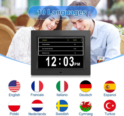 Digital Calendar Dementia Alarm Clock with Day and Date for Elderly - 15 Alarms 5 Colors Display Large Display Alzheimers Clock Large Digital Clock for Seniors (7in Black)