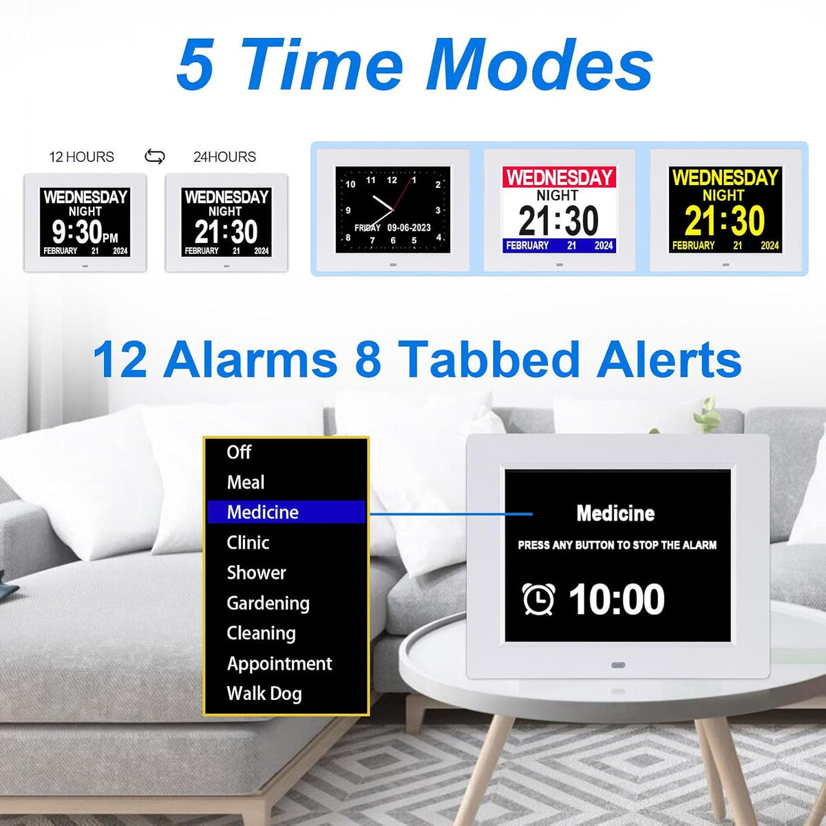 Digital Calendar Dementia Alarm Clock with Day and Date for Elderly - 15 Alarms 5 Colors Display Large Display Alzheimers Clock Large Digital Clock for Seniors (7in Black)