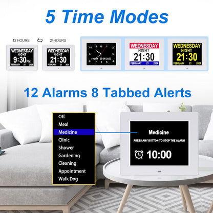 Digital Calendar Dementia Alarm Clock with Day and Date for Elderly - 15 Alarms 5 Colors Display Large Display Alzheimers Clock Large Digital Clock for Seniors (7in Black)
