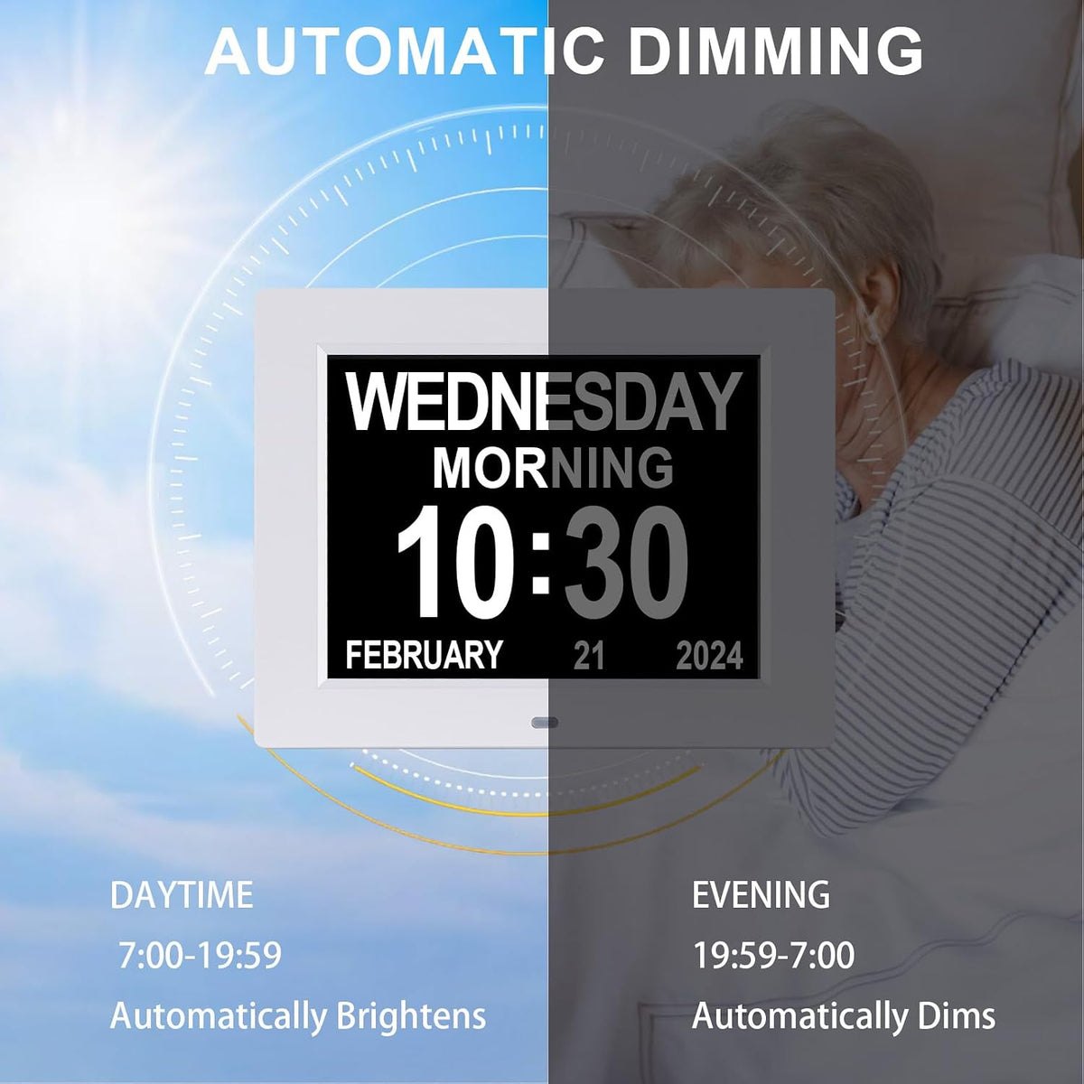 Digital Calendar Dementia Alarm Clock with Day and Date for Elderly - 15 Alarms 5 Colors Display Large Display Alzheimers Clock Large Digital Clock for Seniors (7in Black)