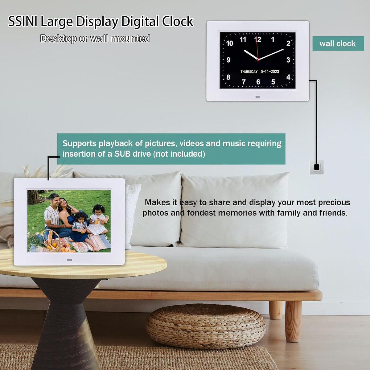 Digital Calendar Dementia Alarm Clock with Day and Date for Elderly - 15 Alarms 5 Colors Display Large Display Alzheimers Clock Large Digital Clock for Seniors (7in Black)