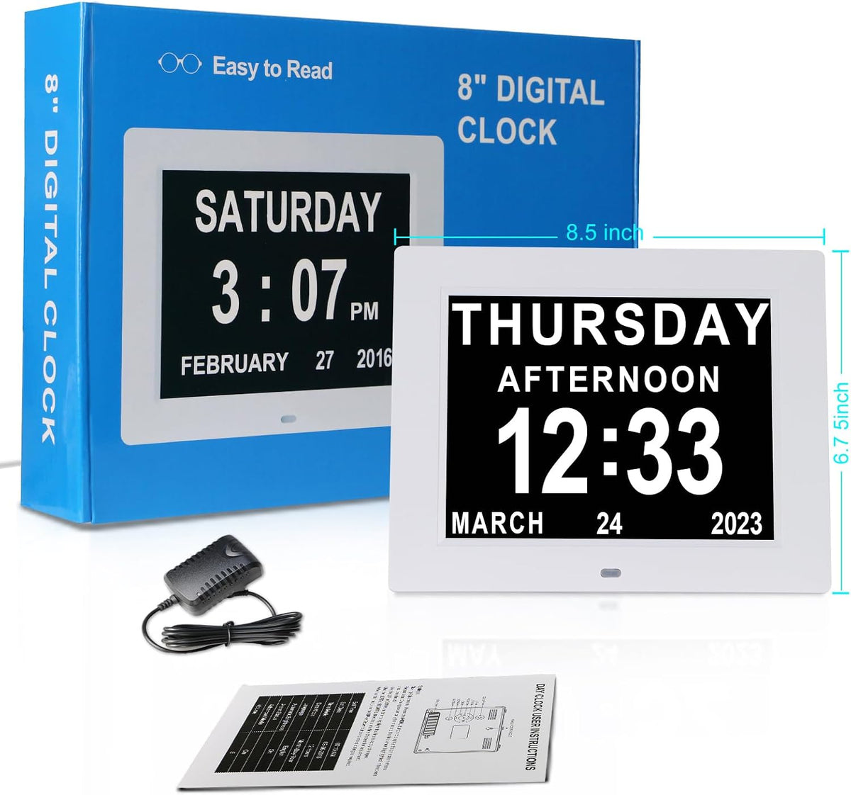 Digital Calendar Dementia Alarm Clock with Day and Date for Elderly - 15 Alarms 5 Colors Display Large Display Alzheimers Clock Large Digital Clock for Seniors (7in Black)
