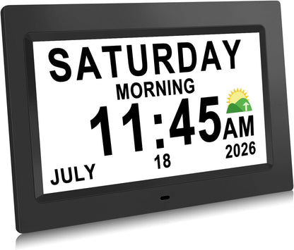 Digital Calendar Dementia Alarm Clock with Day and Date for Elderly - 15 Alarms 5 Colors Display Large Display Alzheimers Clock Large Digital Clock for Seniors (7in Black)