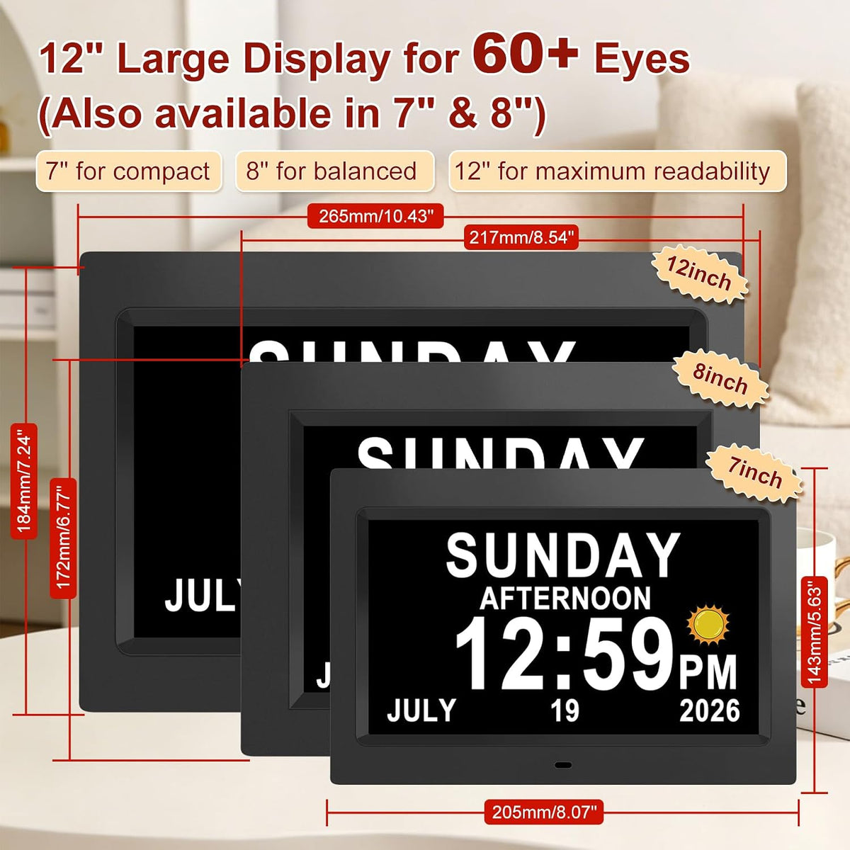 Digital Calendar Dementia Alarm Clock with Day and Date for Elderly - 15 Alarms 5 Colors Display Large Display Alzheimers Clock Large Digital Clock for Seniors (7in Black)
