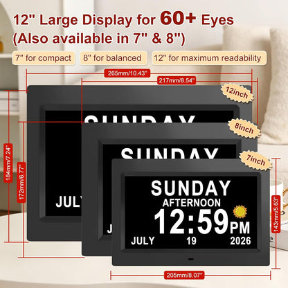 Digital Calendar Dementia Alarm Clock with Day and Date for Elderly - 15 Alarms 5 Colors Display Large Display Alzheimers Clock Large Digital Clock for Seniors (7in Black)