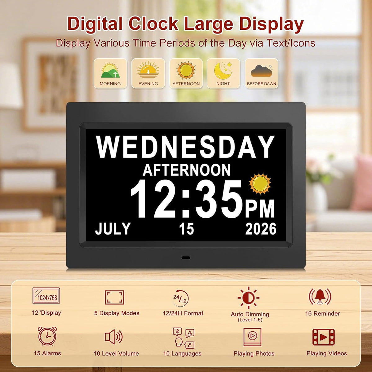 Digital Calendar Dementia Alarm Clock with Day and Date for Elderly - 15 Alarms 5 Colors Display Large Display Alzheimers Clock Large Digital Clock for Seniors (7in Black)