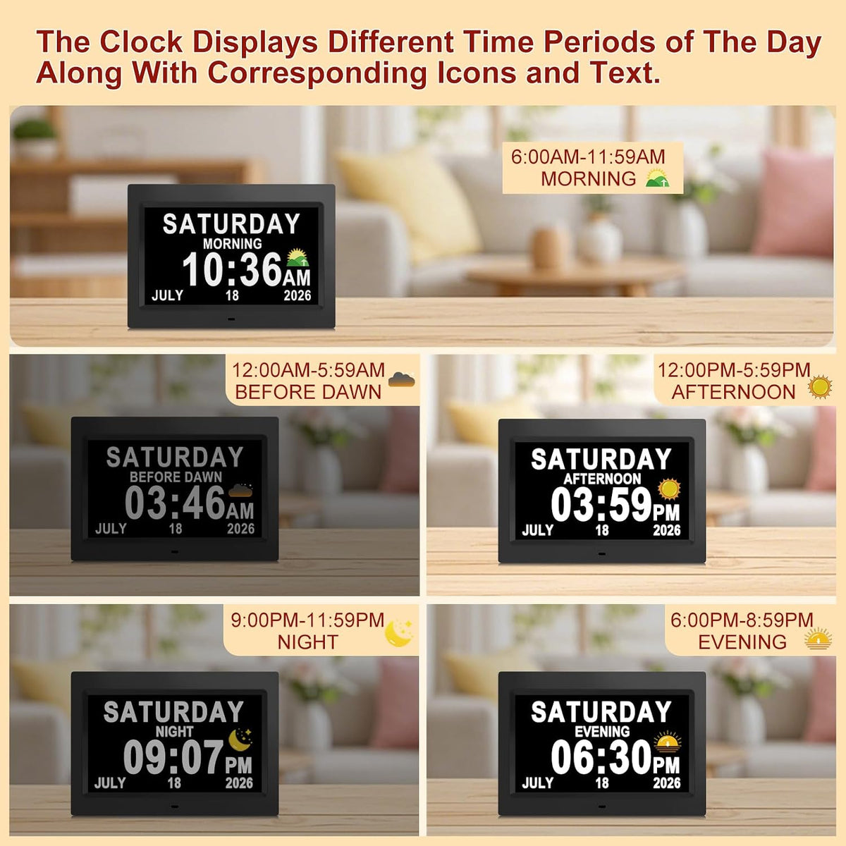 Digital Calendar Dementia Alarm Clock with Day and Date for Elderly - 15 Alarms 5 Colors Display Large Display Alzheimers Clock Large Digital Clock for Seniors (7in Black)