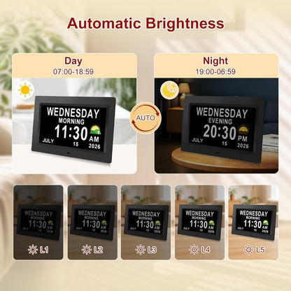 Digital Calendar Dementia Alarm Clock with Day and Date for Elderly - 15 Alarms 5 Colors Display Large Display Alzheimers Clock Large Digital Clock for Seniors (7in Black)