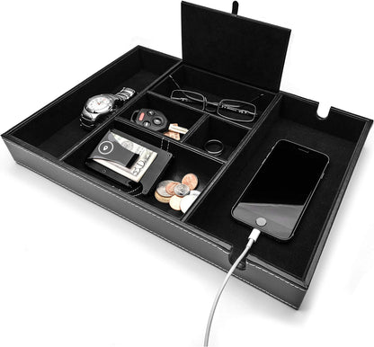 Valet Tray for Men, Nightstand Organizer, Entry Table Organizer, Catch All, Black Faux Leather Box, 6 Compartments