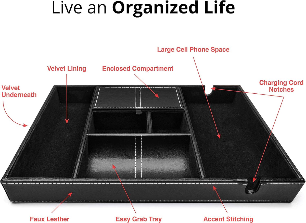 Valet Tray for Men, Nightstand Organizer, Entry Table Organizer, Catch All, Black Faux Leather Box, 6 Compartments
