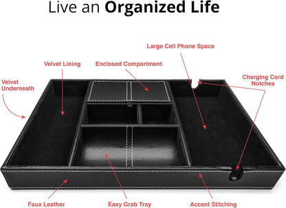Valet Tray for Men, Nightstand Organizer, Entry Table Organizer, Catch All, Black Faux Leather Box, 6 Compartments