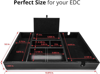 Valet Tray for Men, Nightstand Organizer, Entry Table Organizer, Catch All, Black Faux Leather Box, 6 Compartments