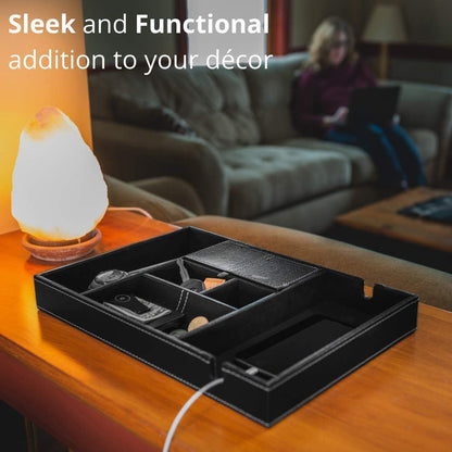 Valet Tray for Men, Nightstand Organizer, Entry Table Organizer, Catch All, Black Faux Leather Box, 6 Compartments