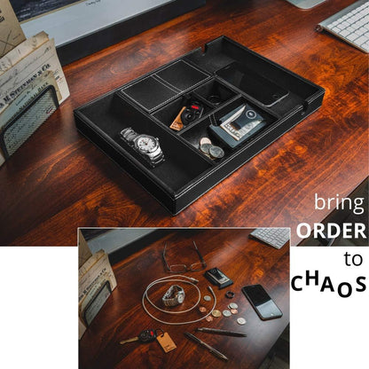 Valet Tray for Men, Nightstand Organizer, Entry Table Organizer, Catch All, Black Faux Leather Box, 6 Compartments