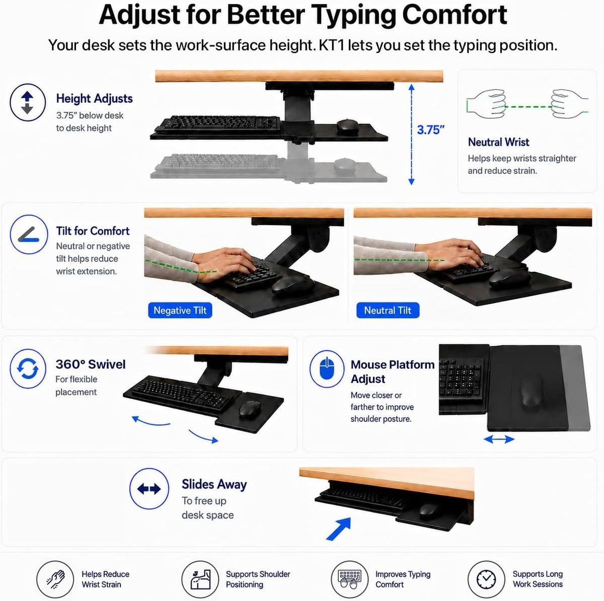 KT1 Ergonomic Keyboard Tray Under Desk, Under Desk Slide Out Tray with Adjustable Height and Tilt, Easy to Slide and Swivel 360 Degree, Keyboard Drawer with Adjustable Mouse Pad