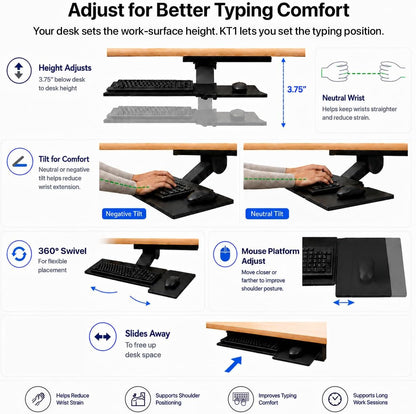 KT1 Ergonomic Keyboard Tray Under Desk, Under Desk Slide Out Tray with Adjustable Height and Tilt, Easy to Slide and Swivel 360 Degree, Keyboard Drawer with Adjustable Mouse Pad