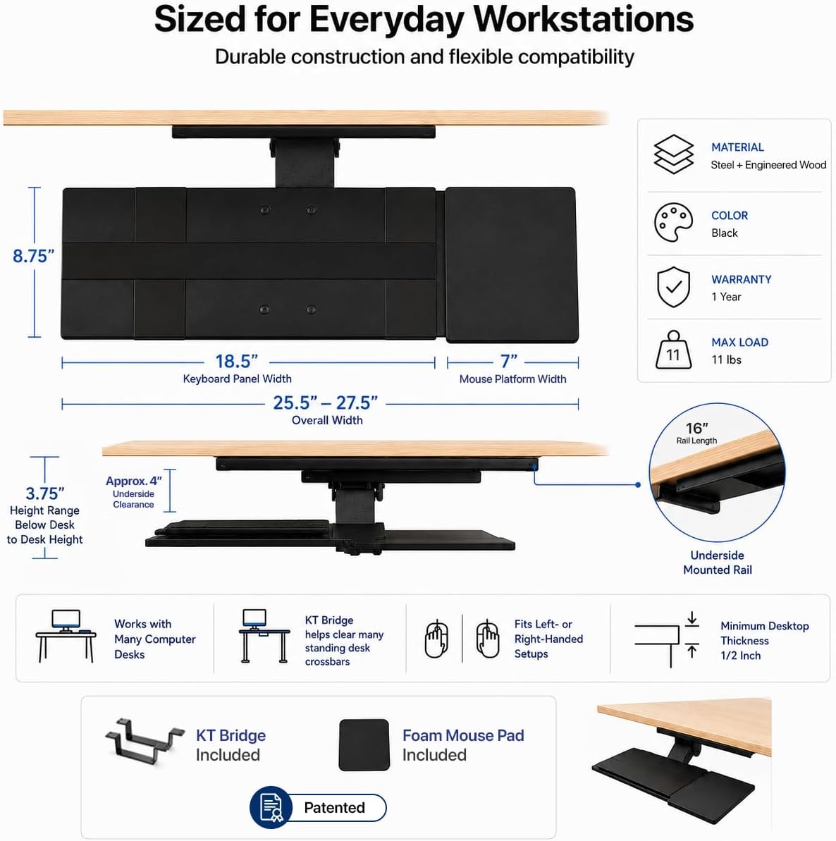 KT1 Ergonomic Keyboard Tray Under Desk, Under Desk Slide Out Tray with Adjustable Height and Tilt, Easy to Slide and Swivel 360 Degree, Keyboard Drawer with Adjustable Mouse Pad