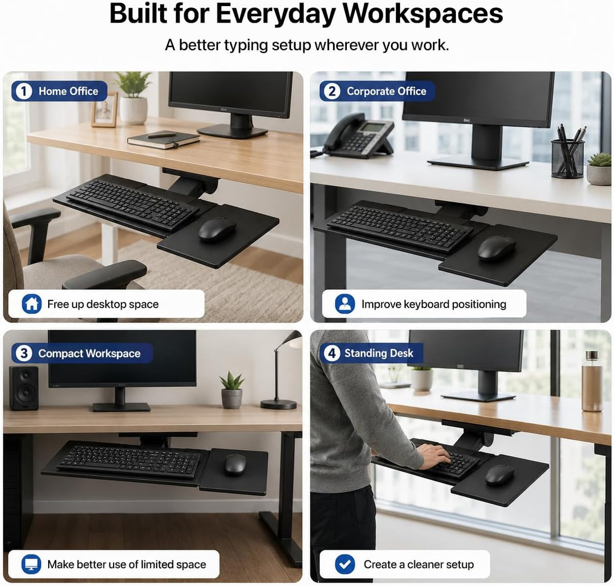 KT1 Ergonomic Keyboard Tray Under Desk, Under Desk Slide Out Tray with Adjustable Height and Tilt, Easy to Slide and Swivel 360 Degree, Keyboard Drawer with Adjustable Mouse Pad