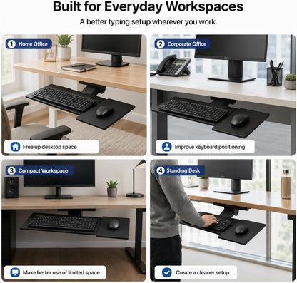 KT1 Ergonomic Keyboard Tray Under Desk, Under Desk Slide Out Tray with Adjustable Height and Tilt, Easy to Slide and Swivel 360 Degree, Keyboard Drawer with Adjustable Mouse Pad