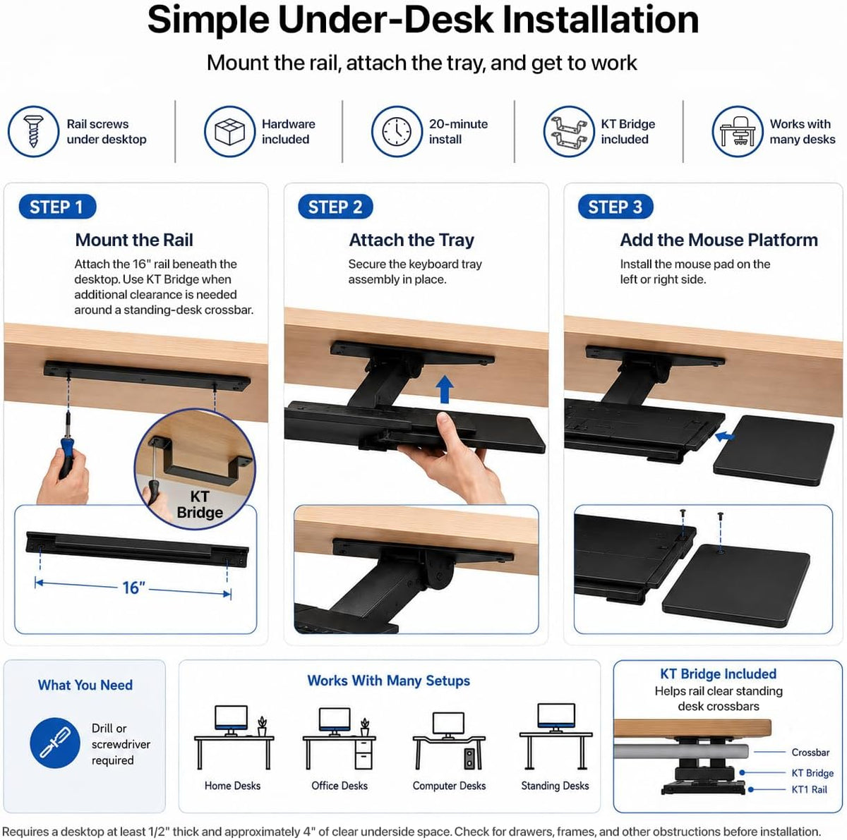 KT1 Ergonomic Keyboard Tray Under Desk, Under Desk Slide Out Tray with Adjustable Height and Tilt, Easy to Slide and Swivel 360 Degree, Keyboard Drawer with Adjustable Mouse Pad