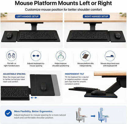 KT1 Ergonomic Keyboard Tray Under Desk, Under Desk Slide Out Tray with Adjustable Height and Tilt, Easy to Slide and Swivel 360 Degree, Keyboard Drawer with Adjustable Mouse Pad