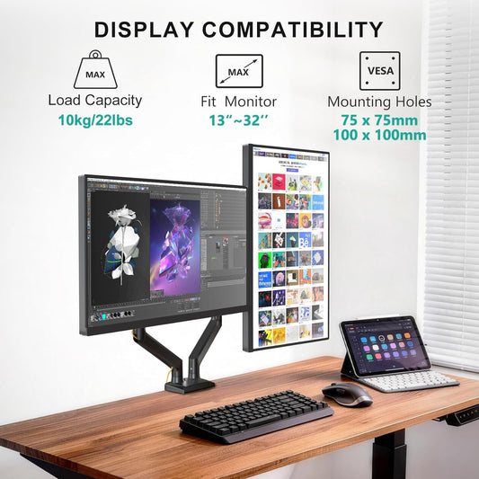 Adjustable Dual Monitor Arm for 13-32 inch Screens, 22 lbs per Arm