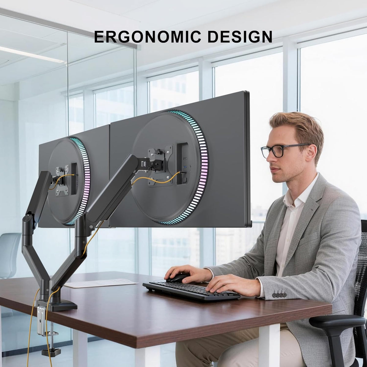 Adjustable Dual Monitor Arm for 13-32 inch Screens, 22 lbs per Arm