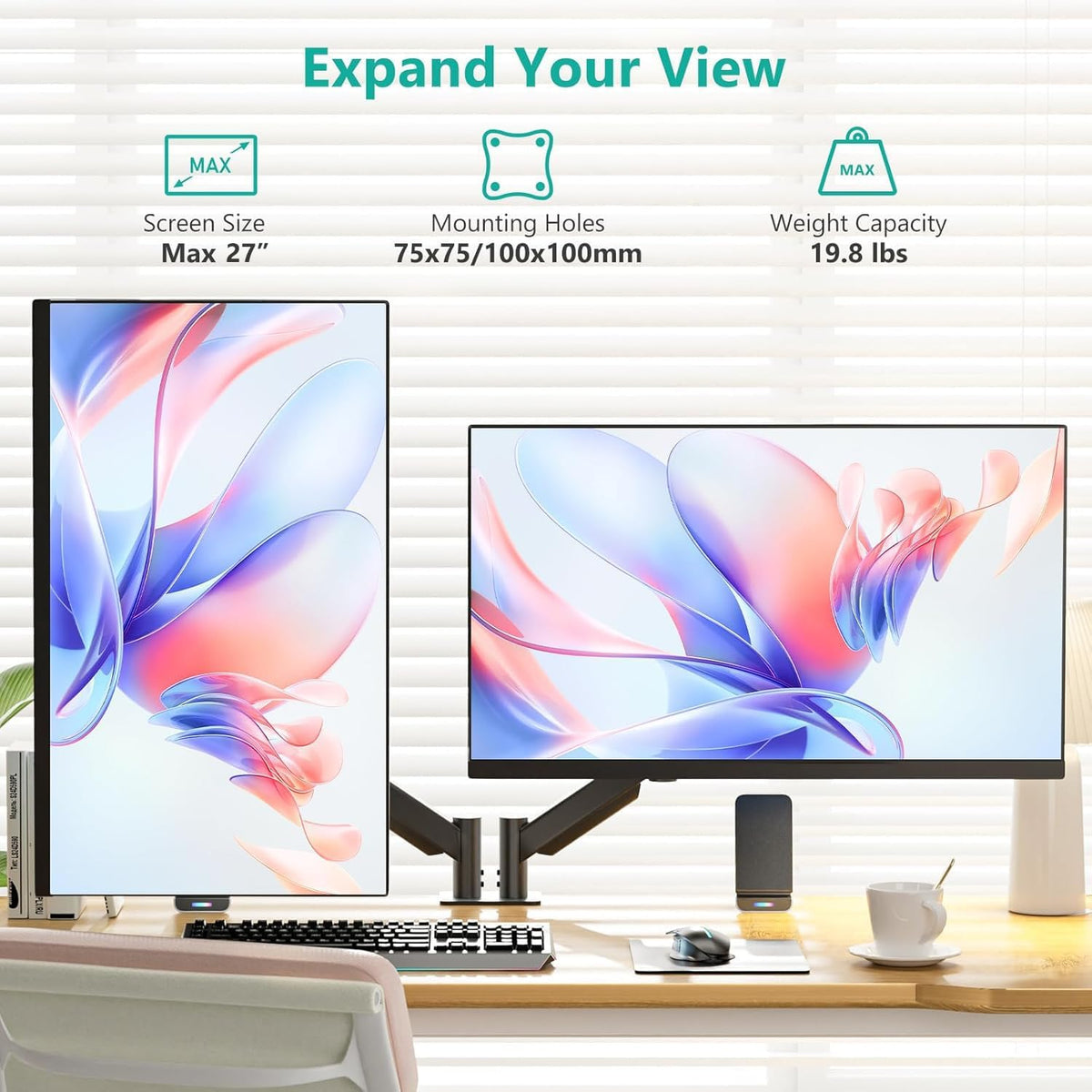 Adjustable Dual Monitor Arm for 13-32 inch Screens, 22 lbs per Arm