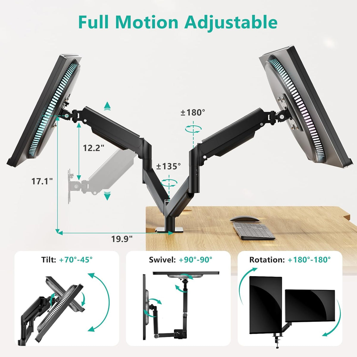 Adjustable Dual Monitor Arm for 13-32 inch Screens, 22 lbs per Arm