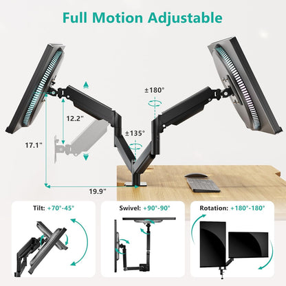 Adjustable Dual Monitor Arm for 13-32 inch Screens, 22 lbs per Arm