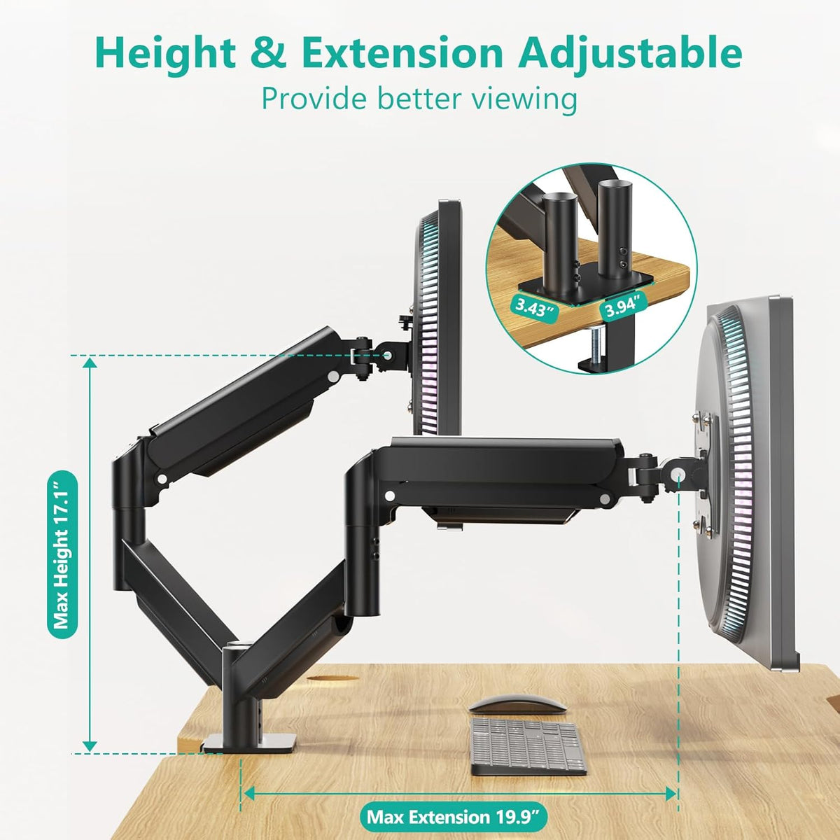 Adjustable Dual Monitor Arm for 13-32 inch Screens, 22 lbs per Arm