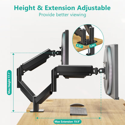 Adjustable Dual Monitor Arm for 13-32 inch Screens, 22 lbs per Arm