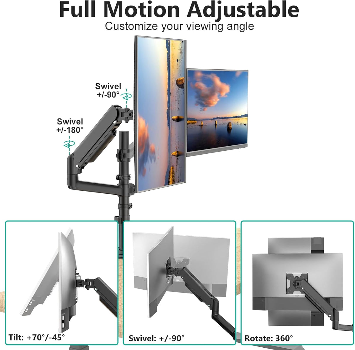 Adjustable Dual Monitor Arm for 13-32 inch Screens, 22 lbs per Arm