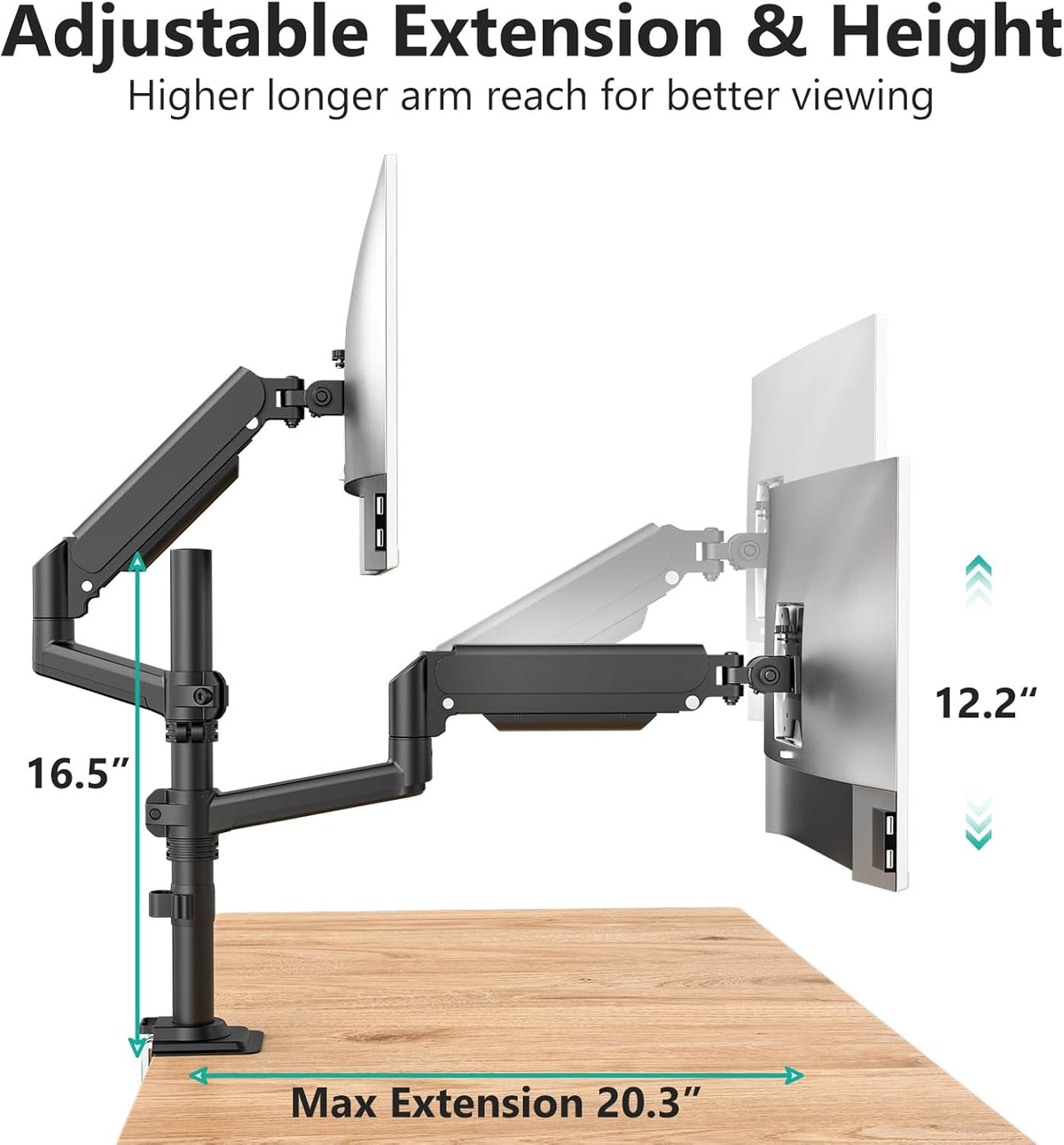 Adjustable Dual Monitor Arm for 13-32 inch Screens, 22 lbs per Arm