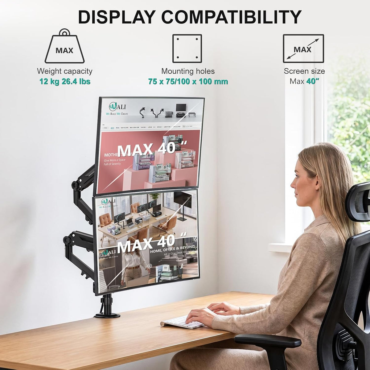 Adjustable Dual Monitor Arm for 13-32 inch Screens, 22 lbs per Arm