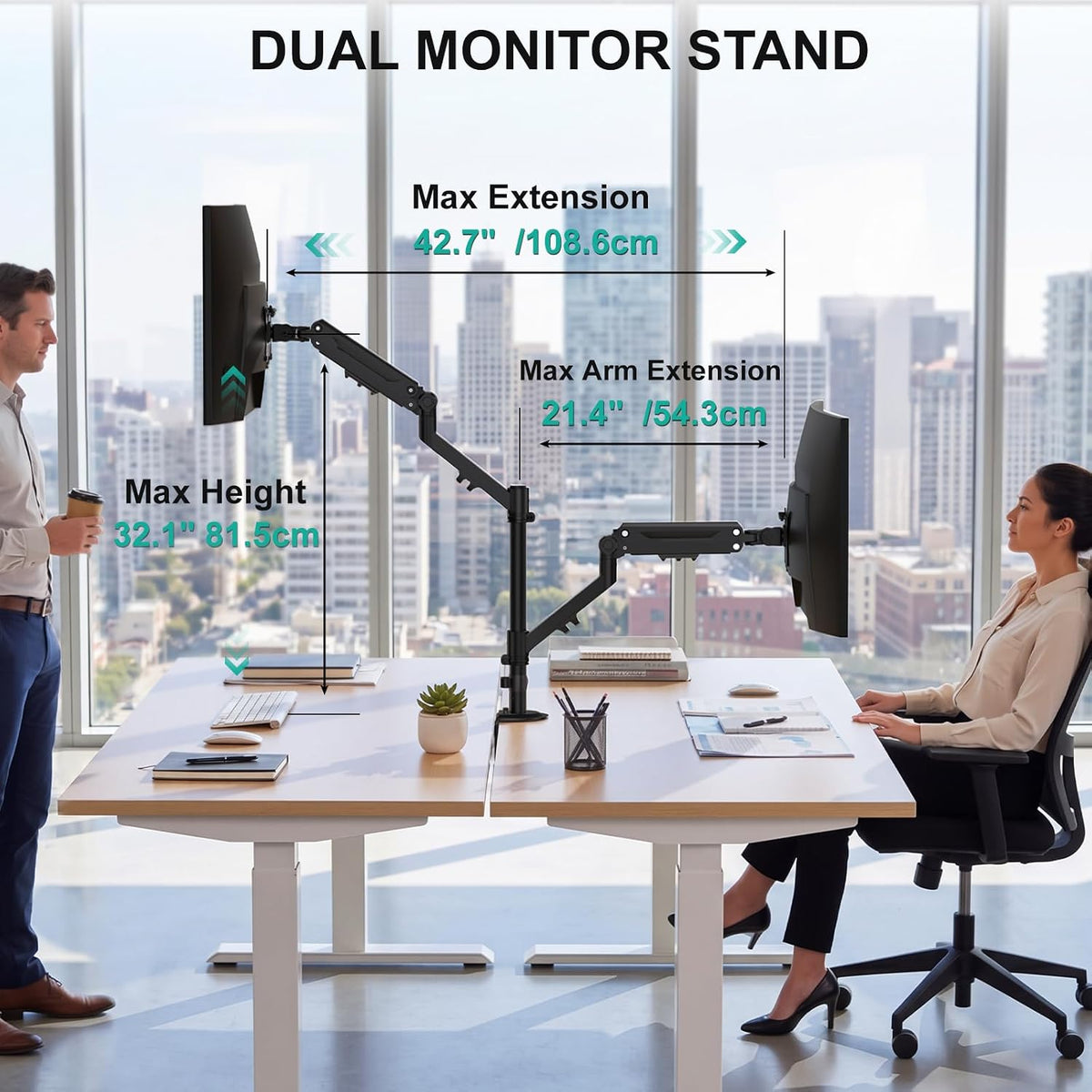 Adjustable Dual Monitor Arm for 13-32 inch Screens, 22 lbs per Arm