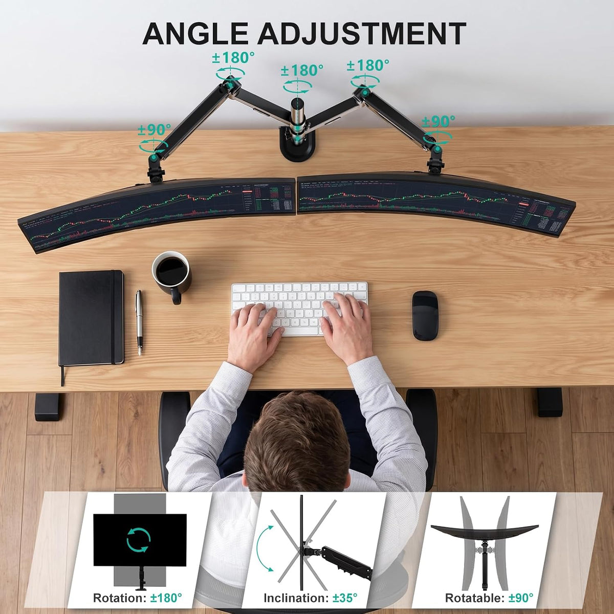Adjustable Dual Monitor Arm for 13-32 inch Screens, 22 lbs per Arm