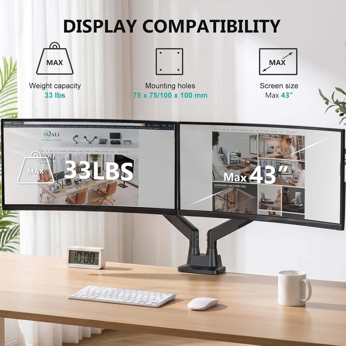 Adjustable Dual Monitor Arm for 13-32 inch Screens, 22 lbs per Arm